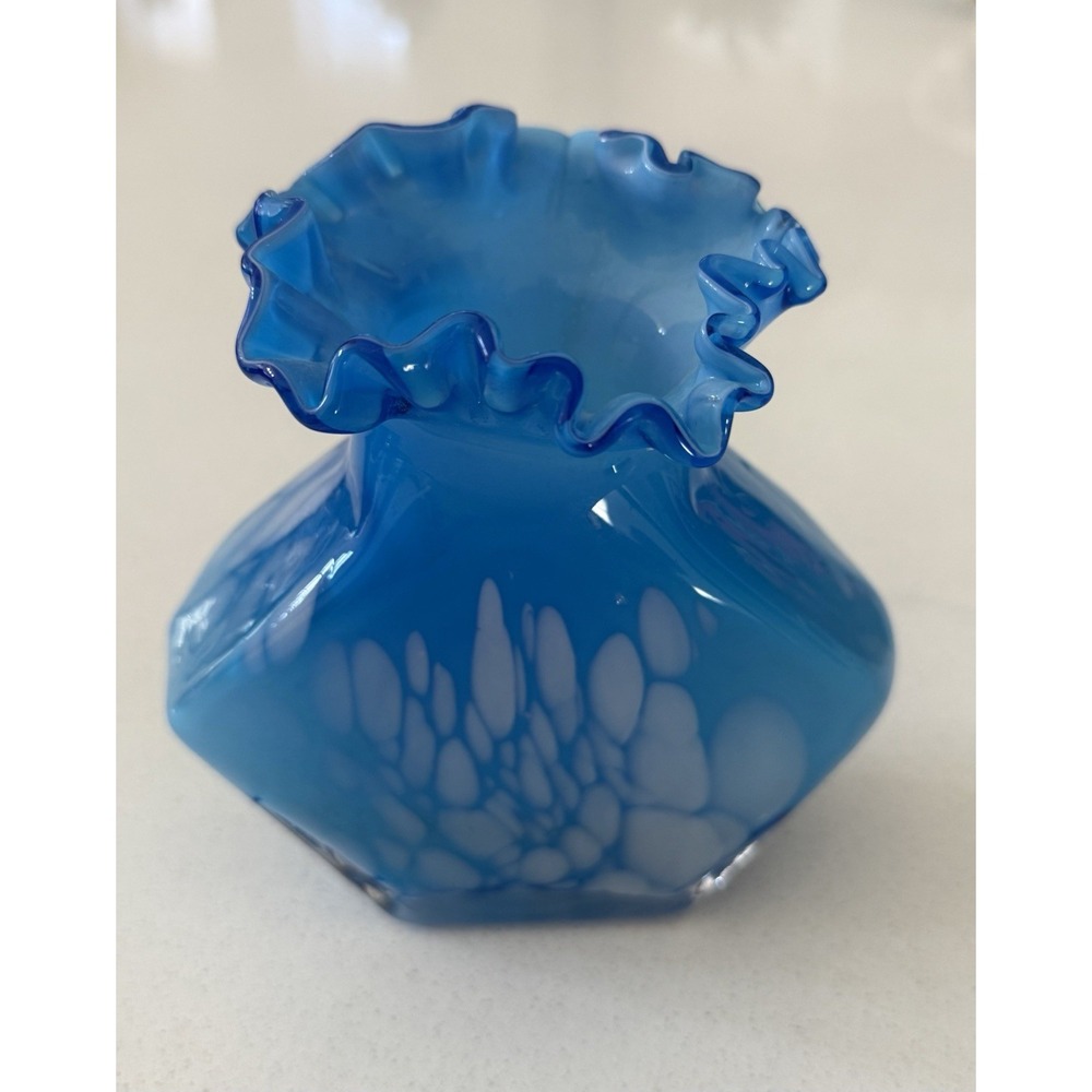 Vintage Handblown Splatter Vase‎ Ruffled Bright Sky Blue White Accents